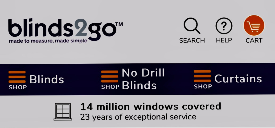 Blinds2go website header showing three burger menu icons with "shop" underneath. The navigation options are Blinds, No Drill Blinds and Curtains