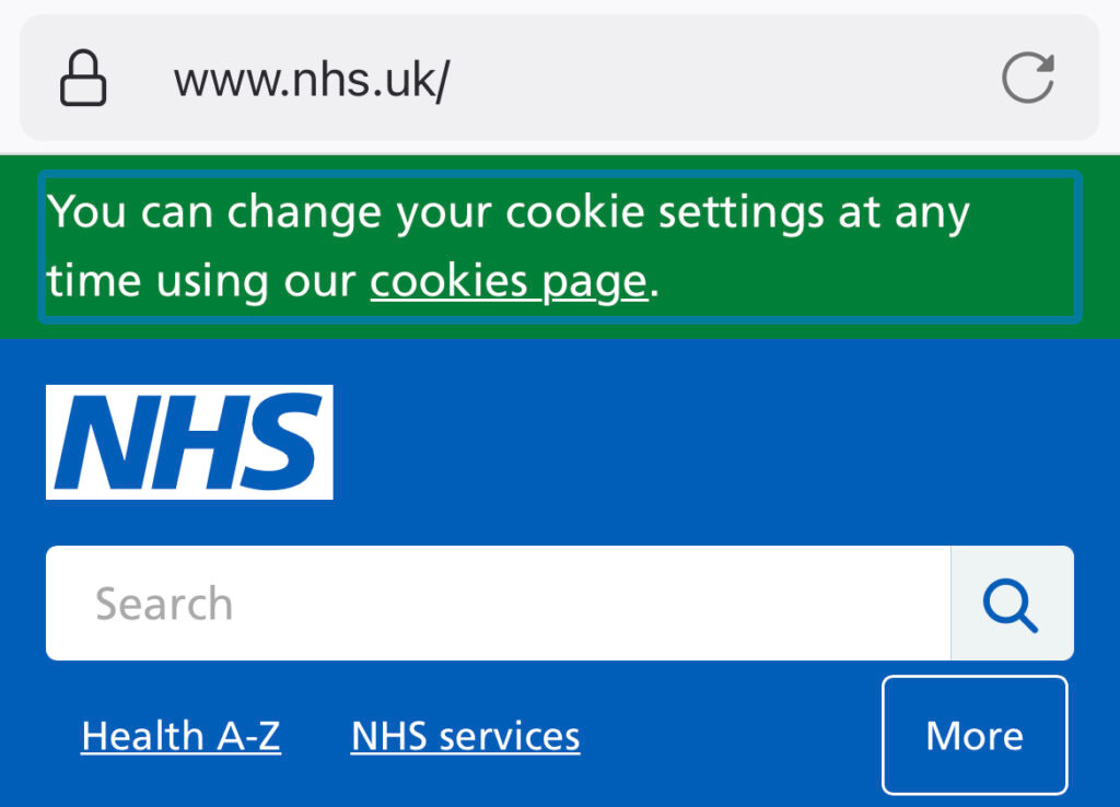 Screenshot of the NHS mobile website with the search box open, two menu options visible (Health A-Z and NHS Services) and a more button in place of a burger menu icon.