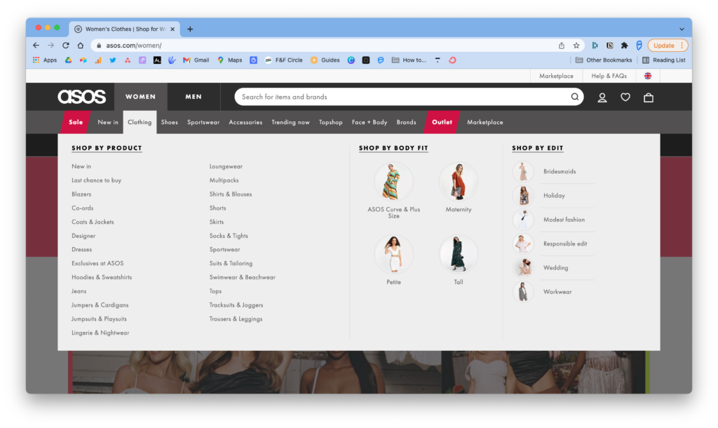 A screenshot of the ASOS website with the women's clothing mega menu open. The sections are split by, shop by product, shop by body fit and shop by edit.